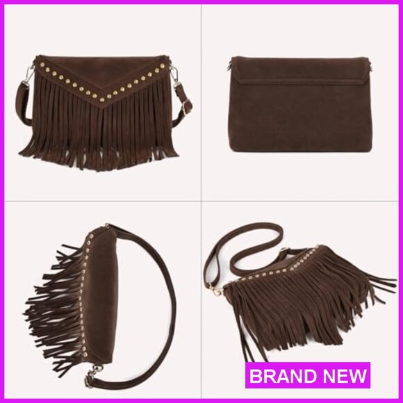 Boho Western Fringe Crossbody Purse Double Velour Suede Hobo Bag Adjustable - Picture 4 of 7